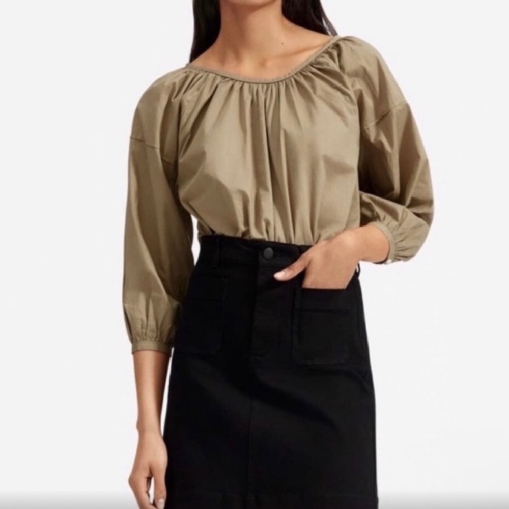 Everlane Ruched Air Green Tan Women's Blouse Size 6